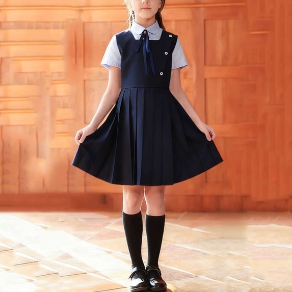 Spazoro Girls School Uniform Sets, Collar Short Sleeve Shirts+ Dress+ Necktie Spring Summer Solid 3PC Outfit Sets for Kids Navy Size 5-6 T
