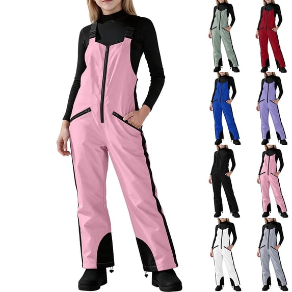 Spazoro Girls Ski Bib Overalls with Multi‑Pockets, Loose Fit Snow Gaiters Zip Up Windproof Waterproof Winter Snowboarding Bib Pants Pink Size 5-6