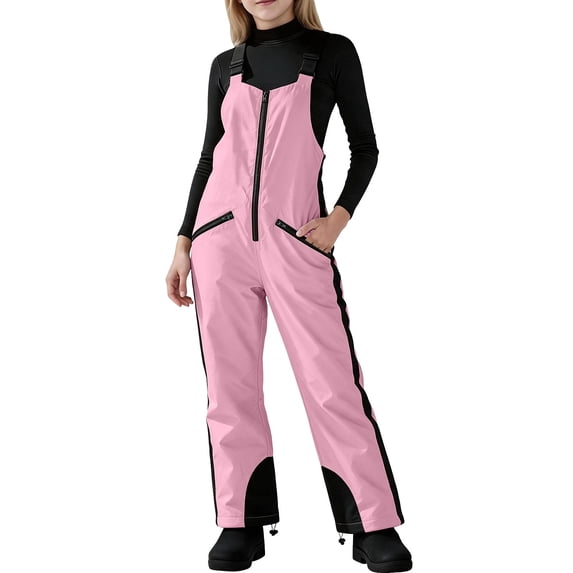 Spazoro Girls Ski Bib Overalls with Multi‑Pockets, Windproof Snow Gaiters Waterproof Zip Up Loose Fit Winter Snowboarding Bib Pants Pink Size 11-12
