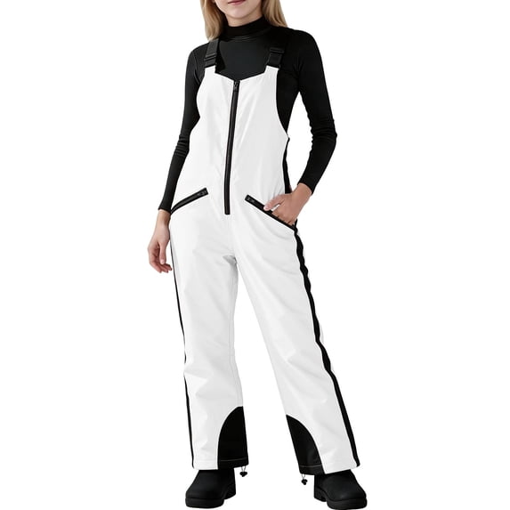 Spazoro Girls Ski Bib Overalls with Multi‑Pockets, Windproof Waterproof Zip Up Loose Fit Snow Gaiters Winter Snowboarding Bib Pants White Size 7-8