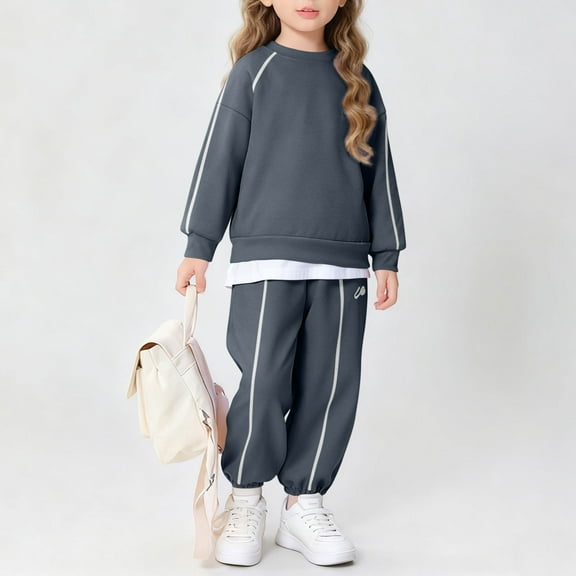 Spazoro Girls Sport Outfit Sets Size 4-16Y, Solid Color Fleece Lined Fall and Winter 2 PC Casual Long Sleeved Sweathirts & Pants Sets for Kids Dark Gray