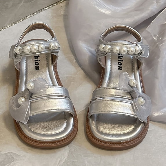 Spazoro Girls' Strappy Platform Sandals, Adjustable Hook and Loop Non-Slip Sole with Pearl Bow Open Toe Casual Summer Shoes for Kids Silver