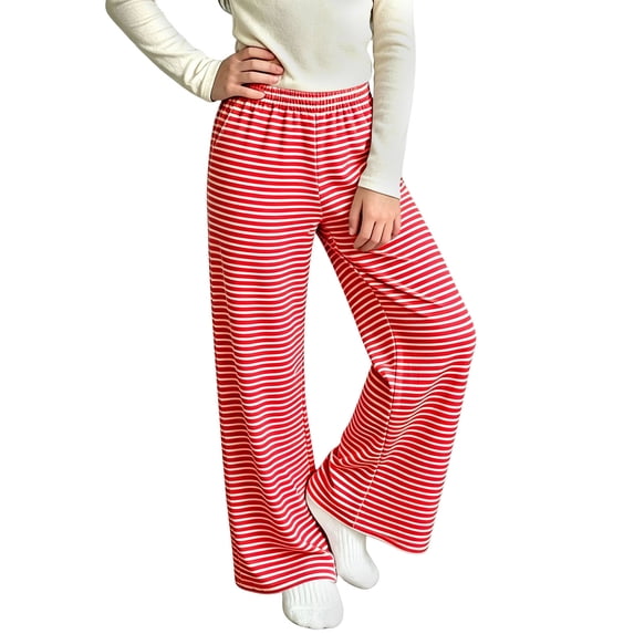 Spazoro Girls Striped Wide Leg Pants with Pockets, Striped Print Elastic Waist Loose Fit Stretchy Full Length Casual Loungewear Bottoms Red Size 9-10