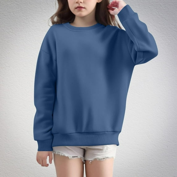 Spazoro Girls Swearshirts, 100%Cotton Winter Crew Neck Solid Color Long Sleeve Casual Pullover Tops for Girls Blue Size 9 T