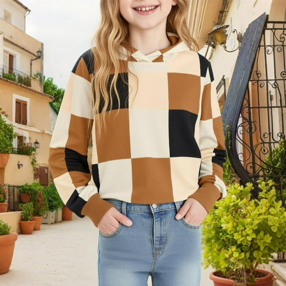 Spazoro Girls Swearshirts, Fall Winter Hooded Plaid Long Sleeve Casual Pullover Tops for Girls Coffee Size 12 T