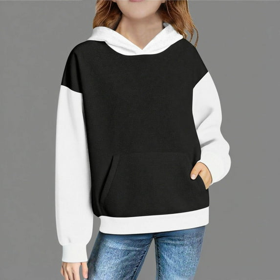 Spazoro Girls Swearshirts, Fall Winter Long Sleeve Color Block Hooded Casual Pullover Tops for Girls Black Size 12 T