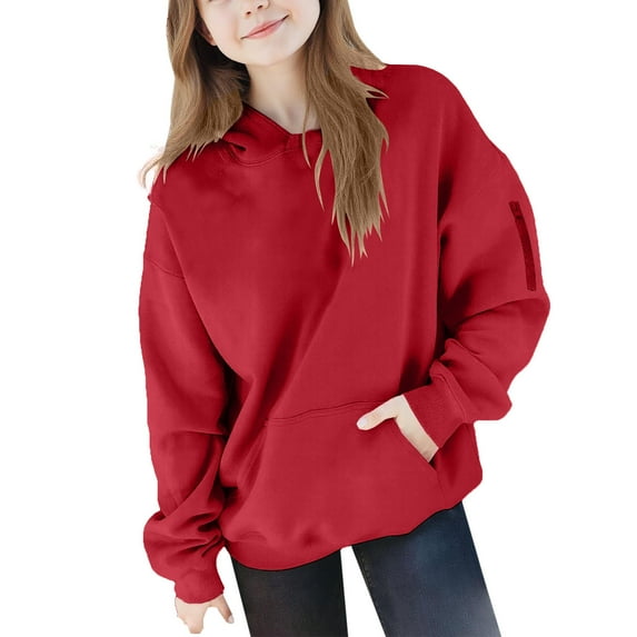 Spazoro Girls Swearshirts, Full Zip Hooded with Pockets Solid Color Casual Cardigan Tops for Girls Red Size 8-9T