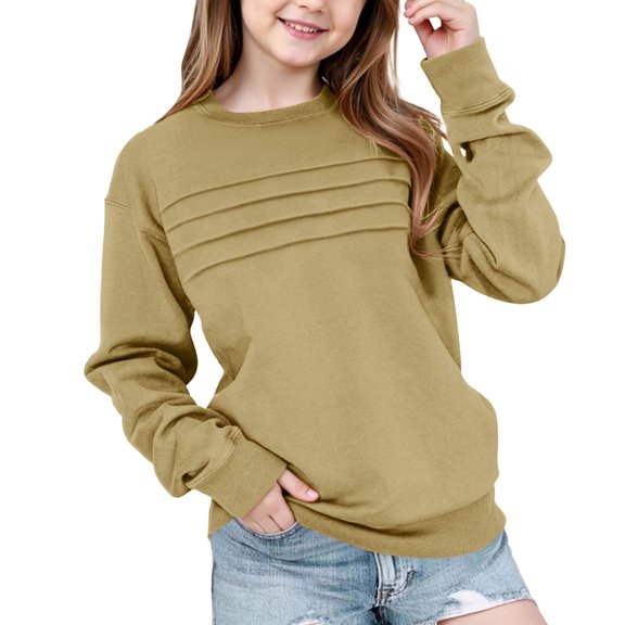 Spazoro Girls Swearshirts, Long Sleeve Fall Winter Crew Neck Solid Color Casual Pullover Tops for Girls Khaki Size 11 T