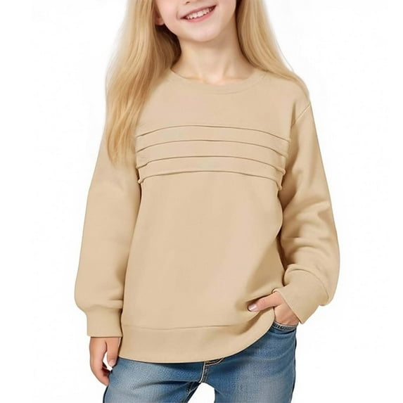 Spazoro Girls Swearshirts, Long Sleeve Fall Winter Solid Color Crew Neck Casual Pullover Tops for Girls Beige Size 5 T