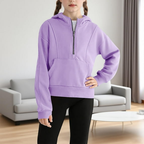Spazoro Girls Swearshirts, Long Sleeve Solid Color Half Zip Hooded Casual Pullover Tops for Girls Purple Size 9 T