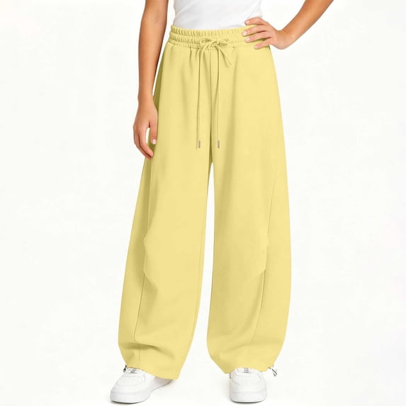 Spazoro Girls Sweatpants with Side Pockets, Elastic Drawstring Waist Fall Winter Baggy Solid Color Casual Wide Leg Pants for Little Big Kids Yellow Size 5-6T