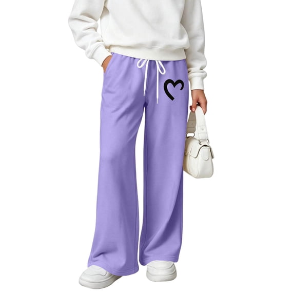 Spazoro Girls Sweatpants with Side Pockets, Loose Fit Love Print Fall Winter Elastic Drawstring Waist Casual Wide Leg Pants for Little Big Kids Purple Size 12-13