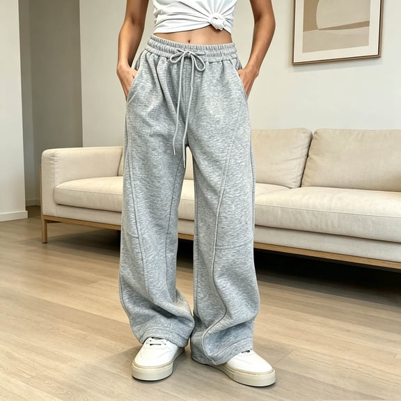 Spazoro Girls Sweatpants with Side Pockets, Solid Color Elastic Drawstring Waist Fall Winter Loose Fit Casual Wide Leg Pants for Little Big Kids Gray Size 5-6