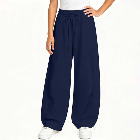 Spazoro Girls Sweatpants with Side Pockets, Solid Color Fall Winter Elastic Drawstring Waist Baggy Casual Wide Leg Pants for Little Big Kids Navy Size 13-14