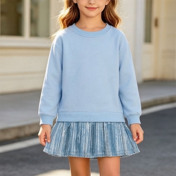 Spazoro Girls Sweatshirt Dress, Relaxed Fit Pleated Skirt Soft Long Sleeve Crewneck Cotton Velvet Casual One‑Piece Outfit for Kids Blue Size 3-4T