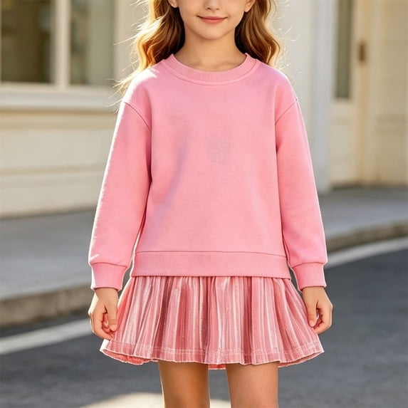 Spazoro Girls Sweatshirt Dress, Relaxed Fit Soft Crewneck Long Sleeve Pleated Skirt Cotton Velvet Casual One‑Piece Outfit for Kids Pink Size 2-3T