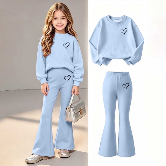 Spazoro Girls Sweatshirt Outfit Set, Long Sleeve Crewneck Elastic Waist Flared Leg Heart Print Fleece Lined Casual Clothes Set for Kids Sky Blue Size 5-6