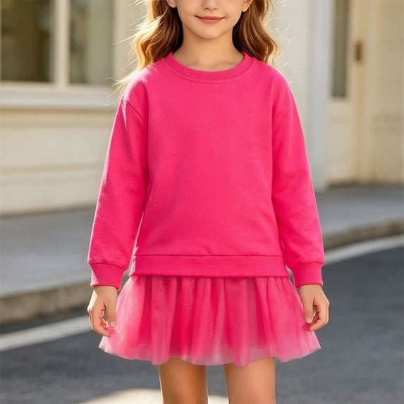 Spazoro Girls Sweatshirt Tulle Dress, Soft Crewneck Solid Color Relaxed Fit Long Sleeve Playful A‑Line Dresses for Kids Hot Pink Size 2-3T