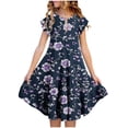 thumbnail image 1 of Spazoro Girls Swing Midi Dress, Floral Print Ruffled Sleeve Summer Crew Neck Casual Party Dress for Kids Multicolor Size 6, 1 of 5