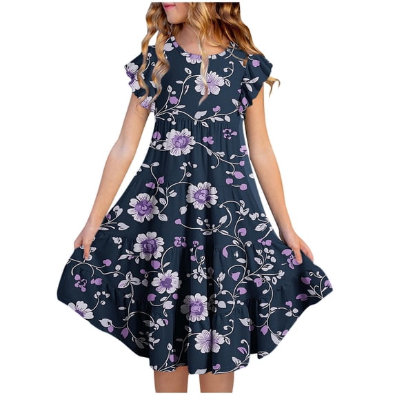 Spazoro Girls Swing Midi Dress, Floral Print Ruffled Sleeve Summer Crew Neck Casual Party Dress for Kids Multicolor Size 6