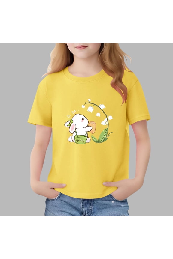Girls T-Shirts Tee, 100%Cotton Short Sleeve Crew Neck Cute Print Casual Tops for Kids Yellow Size 1