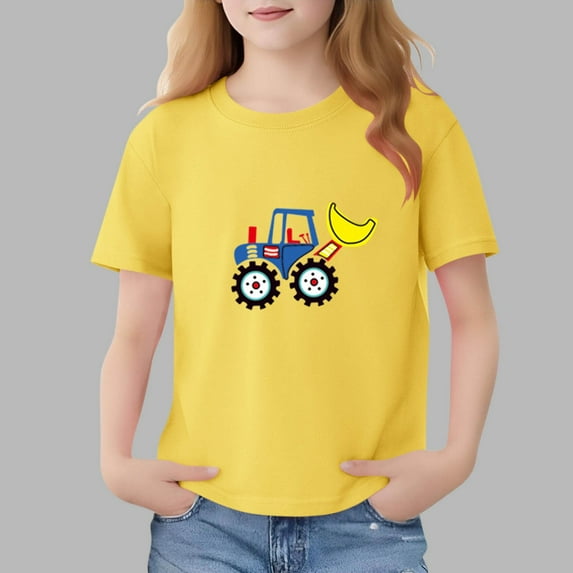 Spazoro Girls T-Shirts Tee, Crew Neck 100%Cotton Short Sleeve Cute Print Casual Tops for Kids Yellow Size 6