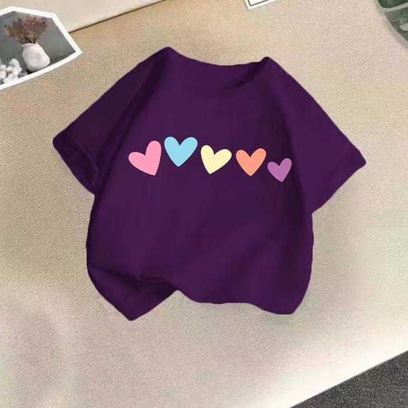 Spazoro Girls T-Shirts Tee, Crew Neck Short Sleeve Love Print 100%Cotton Casual Tops for Kids Purple Size 3