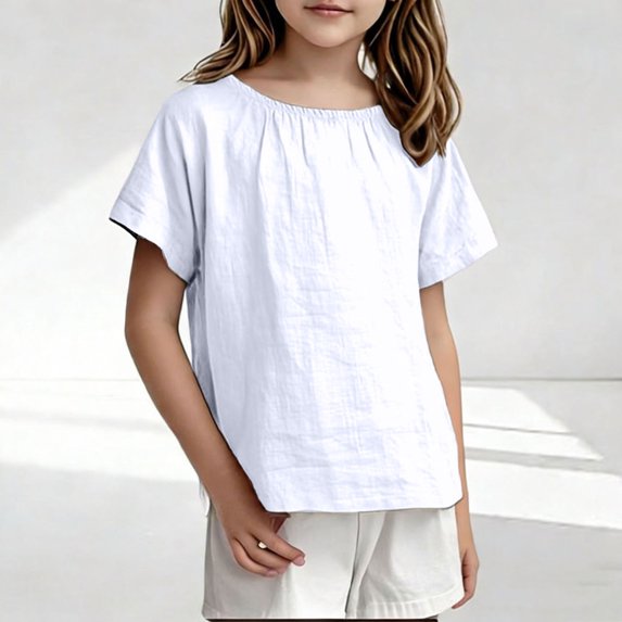Spazoro Girls T-Shirts Tee, Crew Neck Solid Color Short Sleeve 100%Cotton Casual Tops for Kids White Size 1
