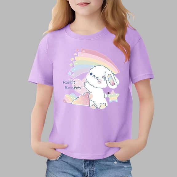 Spazoro Girls T-Shirts Tee, Short Sleeve 100%Cotton Cute Print Crew Neck Casual Tops for Kids Purple Size 12