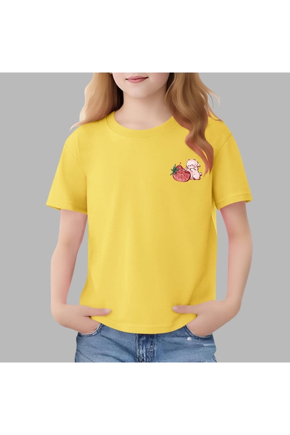 Girls T-Shirts Tee, Short Sleeve Crew Neck 100%Cotton Cute Print Casual Tops for Kids Yellow Size 12