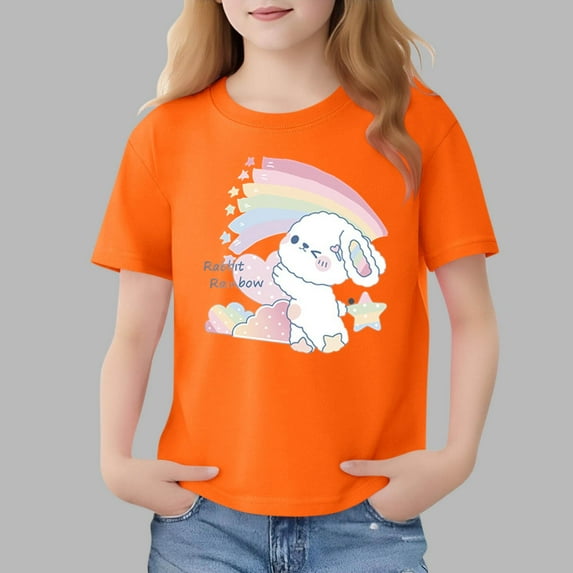 Spazoro Girls T-Shirts Tee, Short Sleeve Crew Neck Cute Print 100%Cotton Casual Tops for Kids Orange Size 6
