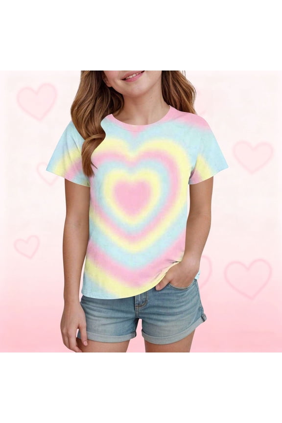 Girls T-Shirts Tee, Short Sleeve Love Print Crew Neck Summer Casual Tops for Kids Yellow Size 8