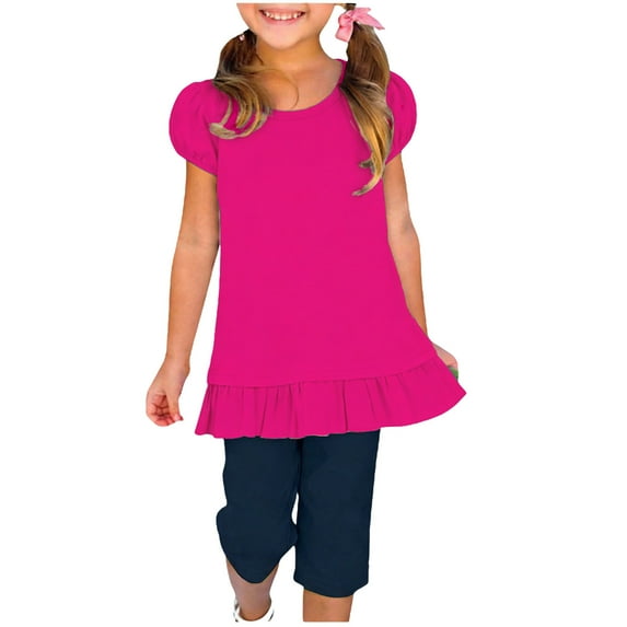 Spazoro Girls T-Shirts Tee, Solid Color Crew Neck Puffed Sleeve 100%Cotton Casual Tops for Kids Hot Pink Size 6