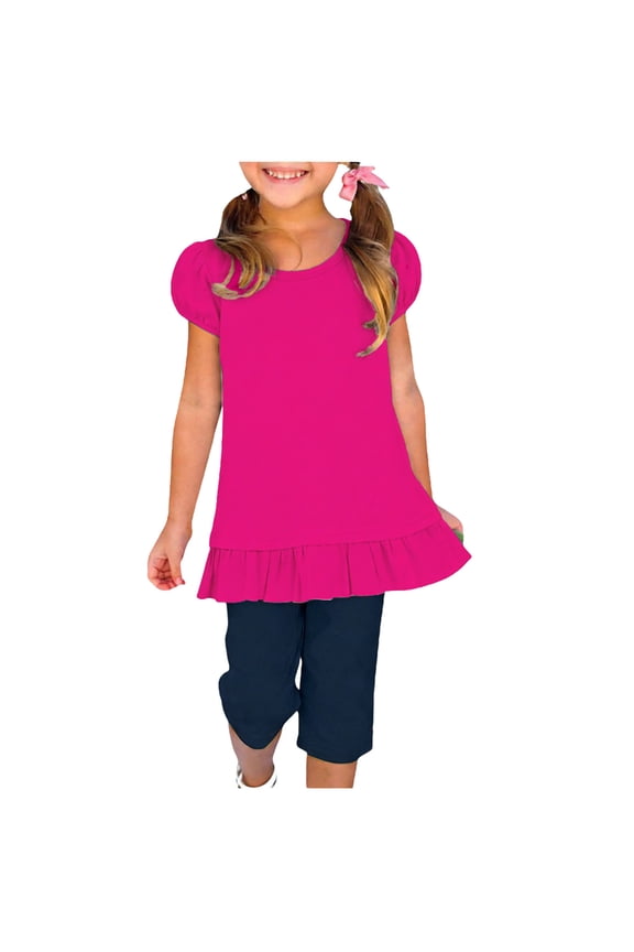 Girls T-Shirts Tee, Solid Color Crew Neck Puffed Sleeve 100%Cotton Casual Tops for Kids Hot Pink Size 6
