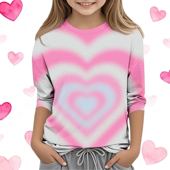 Spazoro Girls T-Shirts Tee, Summer Crew Neck 3/4 Sleeve Love Print Casual Tops for Kids Hot Pink Size 4