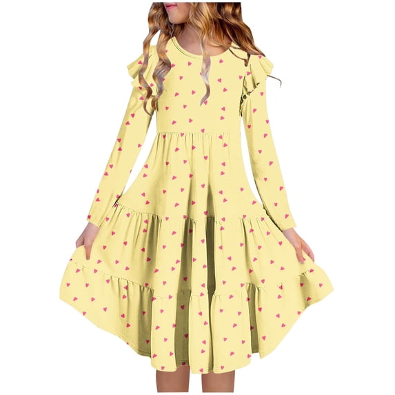 Spazoro Girls Tiered Midi Dress, Crew Neck Floral Print Soft Ruffled Long Sleeve Casual Party Dress Yellow Size 4