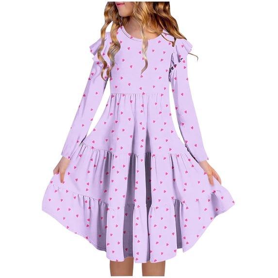Spazoro Girls Tiered Midi Dress, Floral Print Ruffled Long Sleeve Soft Crew Neck Casual Party Dress Purple Size 12