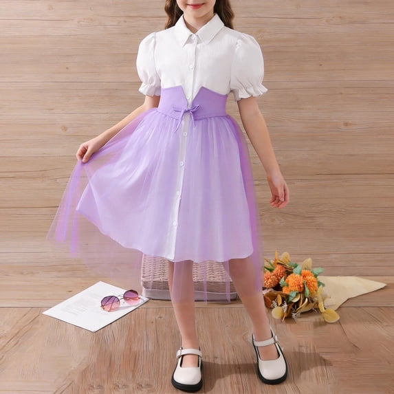 Spazoro Girls Tulle Party Dress, Formal Button Front Puff Sleeve Collared Birthday & Pageant Dress Purple Size 10