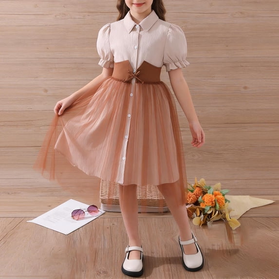 Spazoro Girls Tulle Party Dress, Puff Sleeve Formal Button Front Collared Birthday & Pageant Dress Brown Size 6