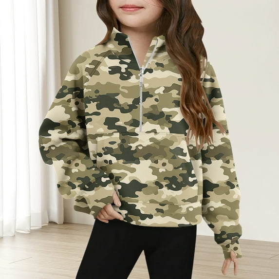 Spazoro Girls Turn Down Collar Sweatshirts, Half Zip Long Sleeve Camouflage Soft & Comfy Fall Winter Tops for Girls Camouflage Size 5 T