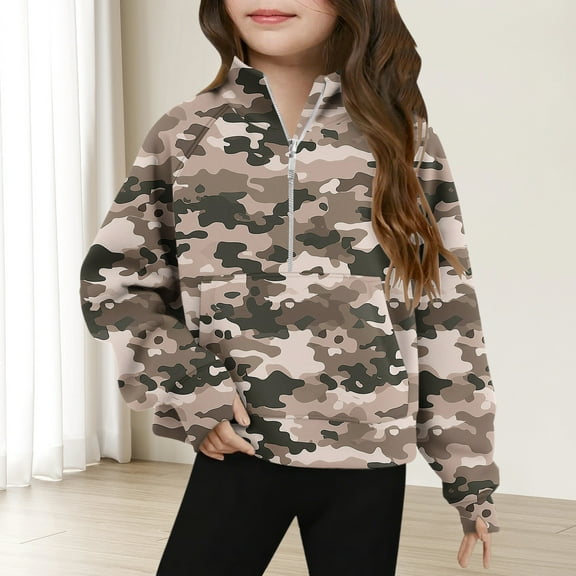Spazoro Girls Turn Down Collar Sweatshirts, Long Sleeve Half Zip Camouflage Soft & Comfy Fall Winter Tops for Girls Army Green Size 7 T