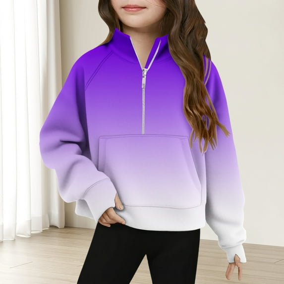Spazoro Girls Turn Down Collar Sweatshirts, Long Sleeve Half Zip Soft & Comfy Gradient Color Fall Winter Tops for Girls Purple Size 5 T