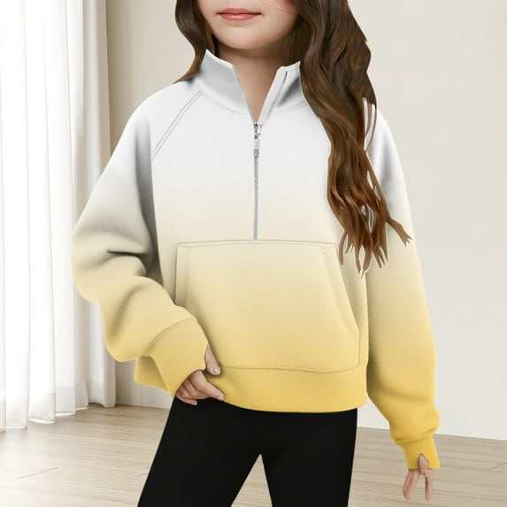 Spazoro Girls Turn Down Collar Sweatshirts, Soft & Comfy Gradient Color Half Zip Long Sleeve Fall Winter Tops for Girls Yellow Size 11 T