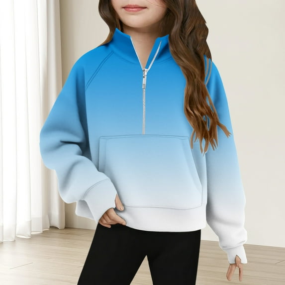 Spazoro Girls Turn Down Collar Sweatshirts, Soft & Comfy Half Zip Long Sleeve Gradient Color Fall Winter Tops for Girls Blue Size 7 T