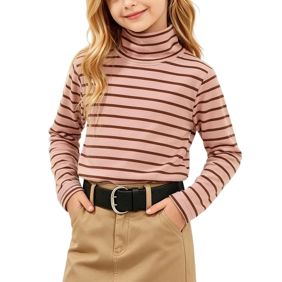 Spazoro Girls Turtleneck Long Sleeve T-Shirts, Long Sleeve Relaxed Fit Stretchy Striped Warm Casual Base Layer Tee Pink Size 5-6