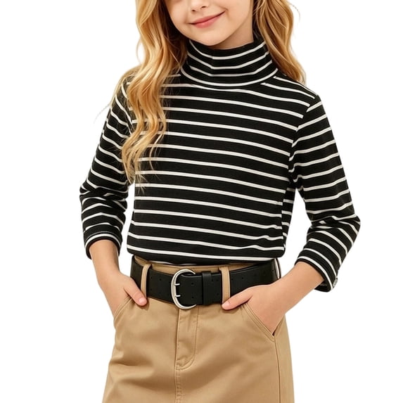 Spazoro Girls Turtleneck Long Sleeve T-Shirts, Stretchy Relaxed Fit Long Sleeve Striped Warm Casual Base Layer Tee White Size 9-10