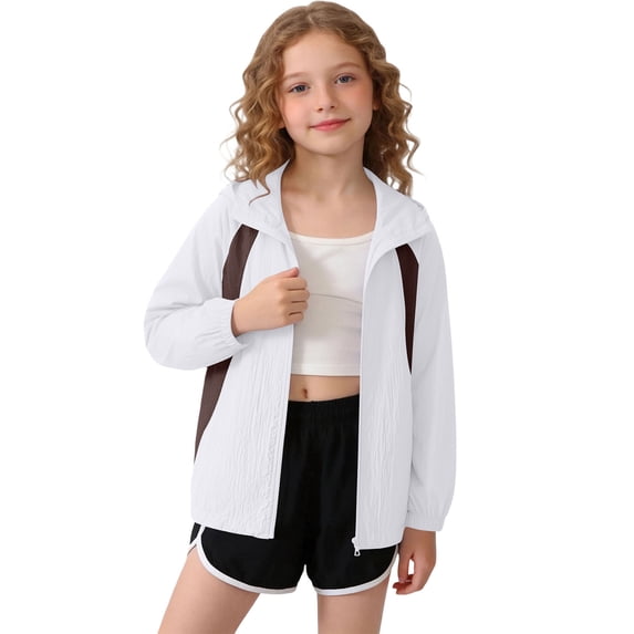Spazoro Girls UPF 50+ Sun Protection Jacket, Breathable Hooded Zip Up Quick Dry Lightweight Fashion Clothes for Outdoor White Size 7