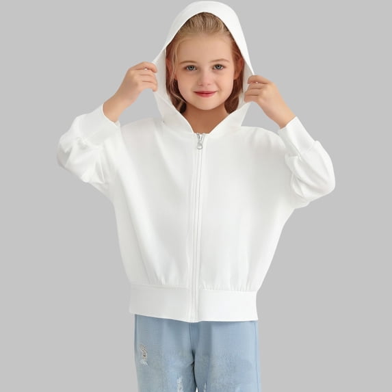 Spazoro Girls UPF 50+ Sun Protection Jacket, Lightweight Breathable Quick Dry Hooded Zip Up Fashion Clothes for Outdoor White Size 6-7