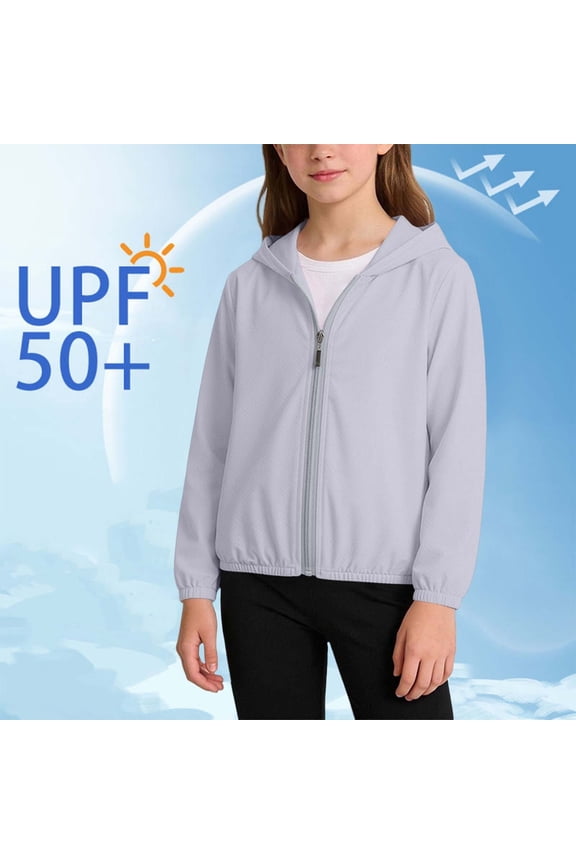Girls UPF 50+ Sun Protection Jacket, Quick Dry Lightweight Breathable Hooded Zip Up Fashion Clothes for Outdoor Gray Size 9-10