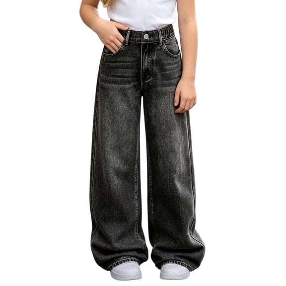 Spazoro Girls Wide Leg Jeans with Pockets, Loose Fit Denim . Button Closure Solid Color Elastic Waist Casual Trousers for Street Daily Wear Black Size 7-8